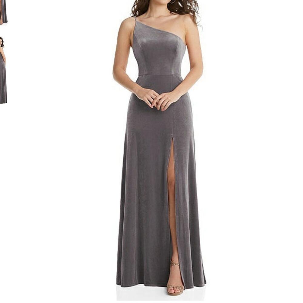 NWT After Six One Shoulder Lux Maxi Dress w/ Slit Caviar Gray 10